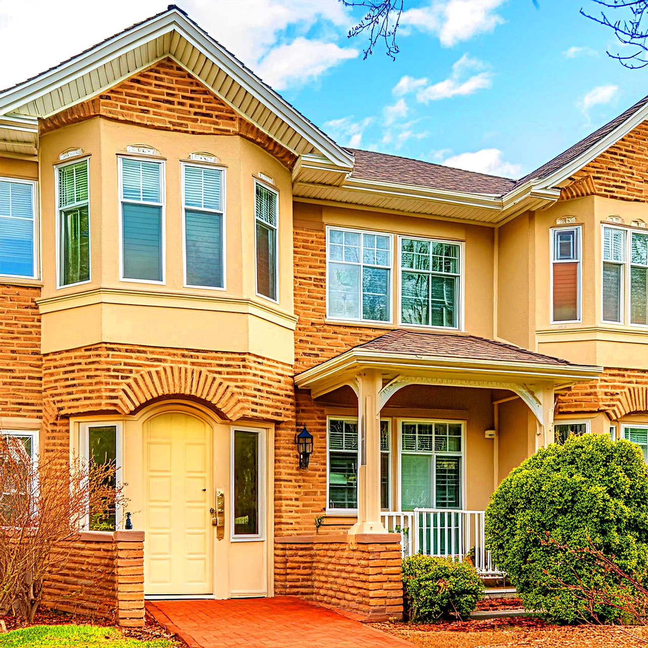 Yellow brick two-story Georgian house with white trim and bay windows