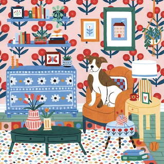 Illustrated room with beagle dog, floral wallpaper, vintage dresser, and colorful home decor