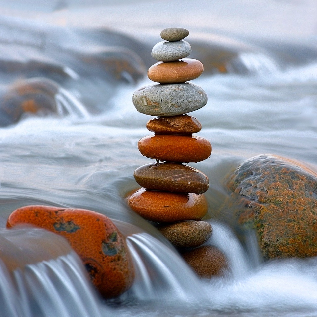 Balanced stack of colorful river stones in flowing water with motion blur