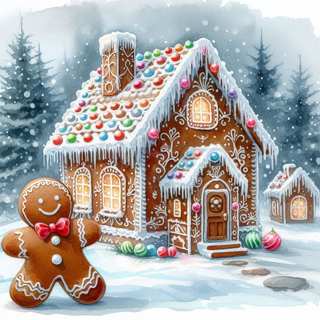 Gingerbread man character next to ornate gingerbread house covered in snow and candy decorations