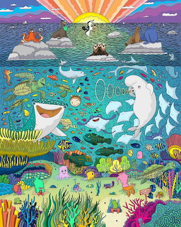 Colorful illustration of ocean split view with marine life underwater and sunset above with sailboat