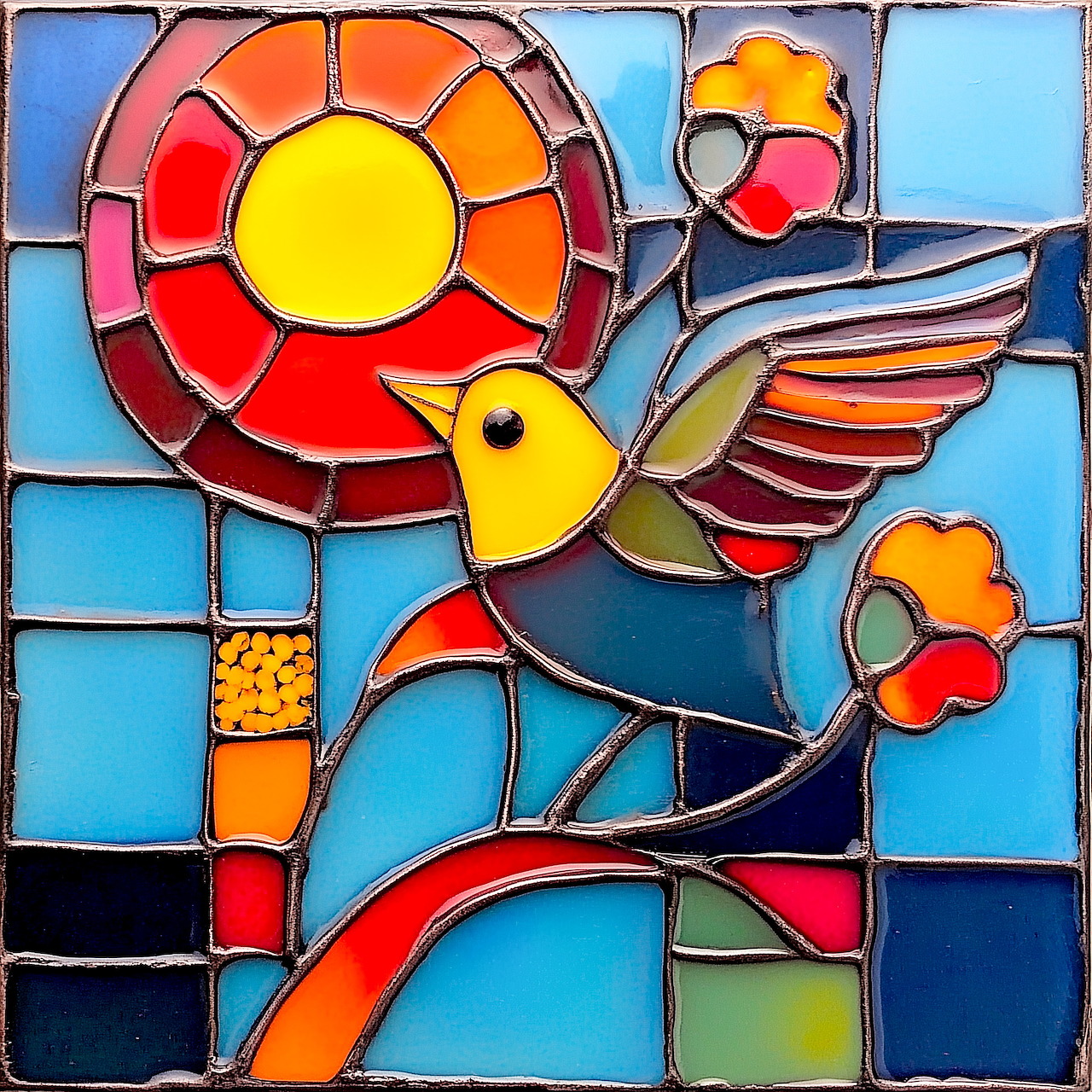 Colorful cloisonné bird mosaic with sun and geometric patterns in stained glass style