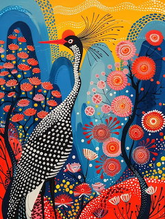 Colorful folk art peacock with doted patterns and floral motifs in orange, blue, and coral