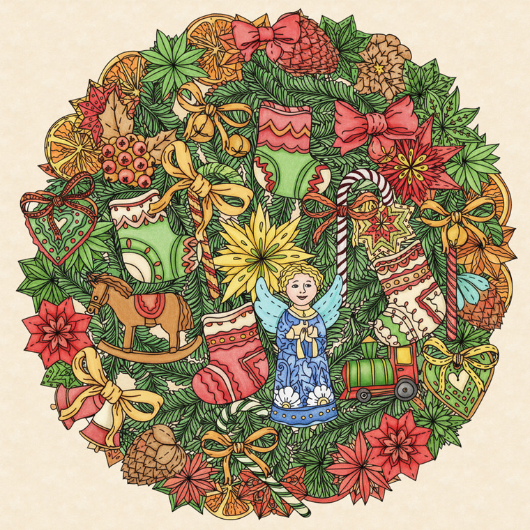 Detailed Christmas rosette illustration with holly, ribbons, stockings, toys, and a small angel