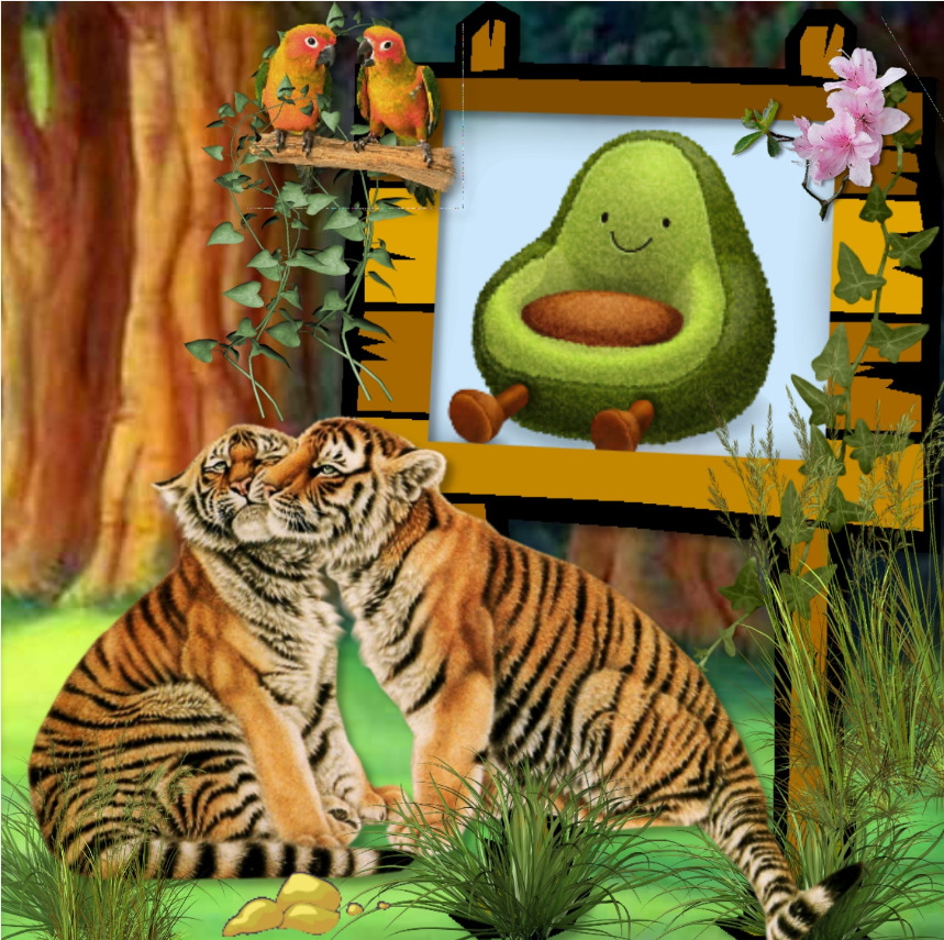 Two cuddling tigers in grass beside a framed smiling avocado illustration with birds and flowers