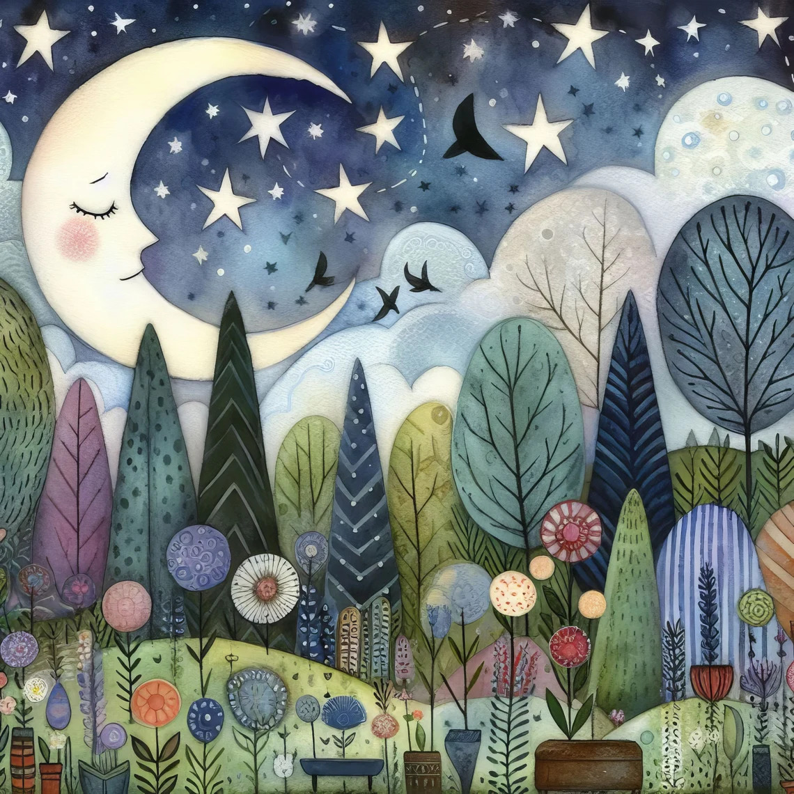 Whimsical crescent moon over a starry sky above stylized trees and flowers