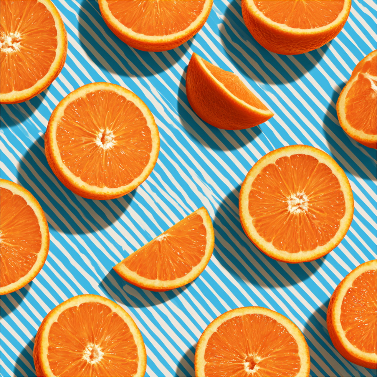 Orange slices and halves on blue and white striped background