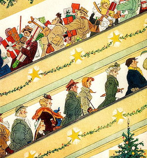Vintage illustration of people riding escalators carrying Christmas gifts with holiday garland decorations