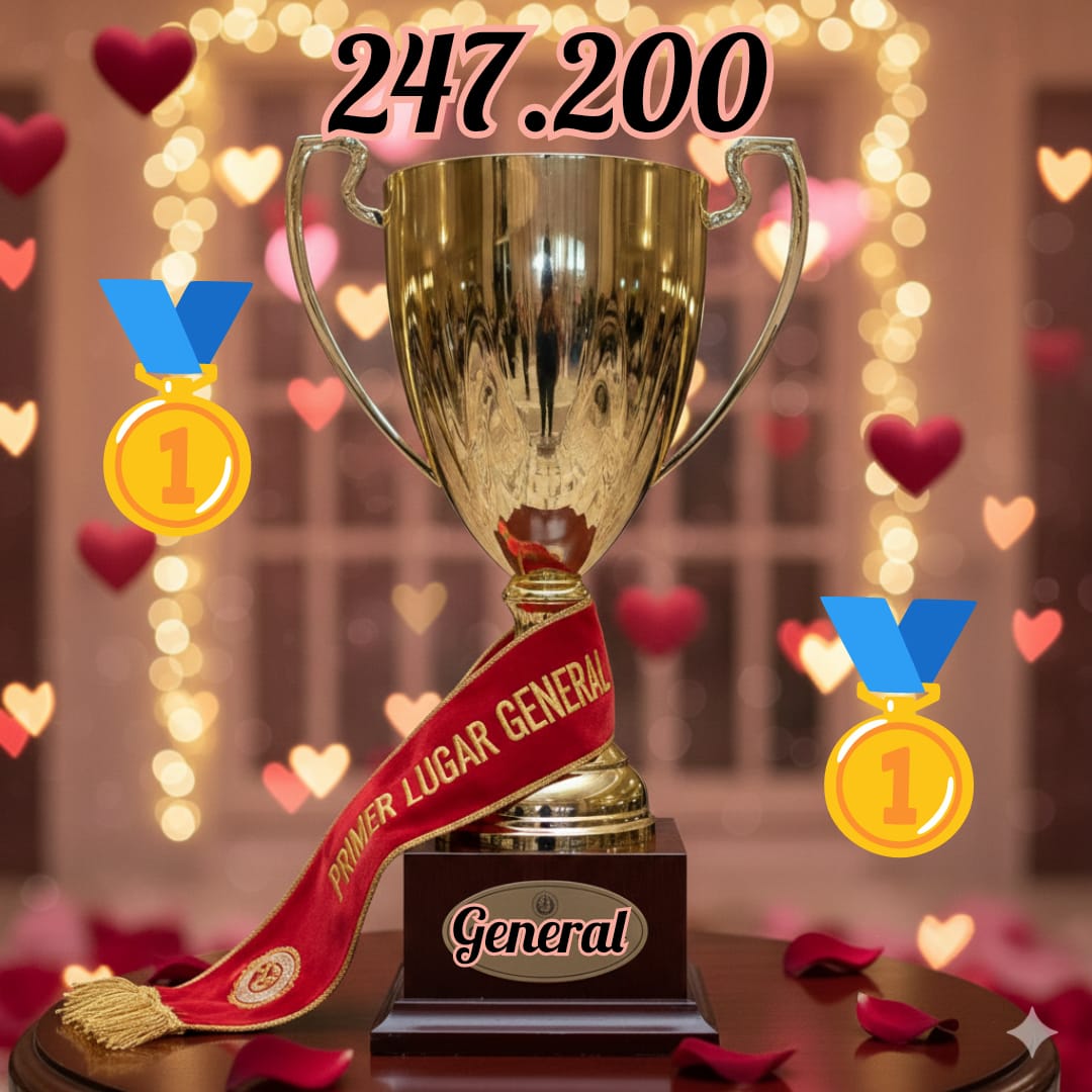 Golden trophy with red ribbon, medals, hearts and sparkling lights background