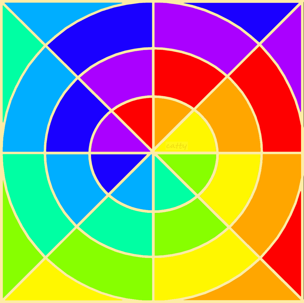 Colorful circular geometric pattern with rainbow segments arranged in concentric rings
