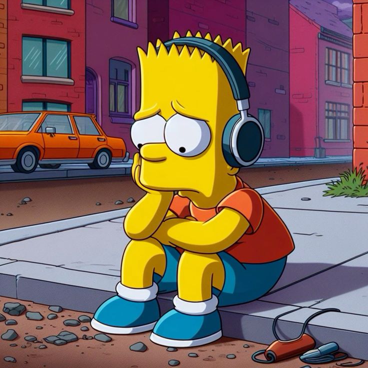 Bart Simpson sitting on curb wearing blue headphones and red backpack on Springfield street