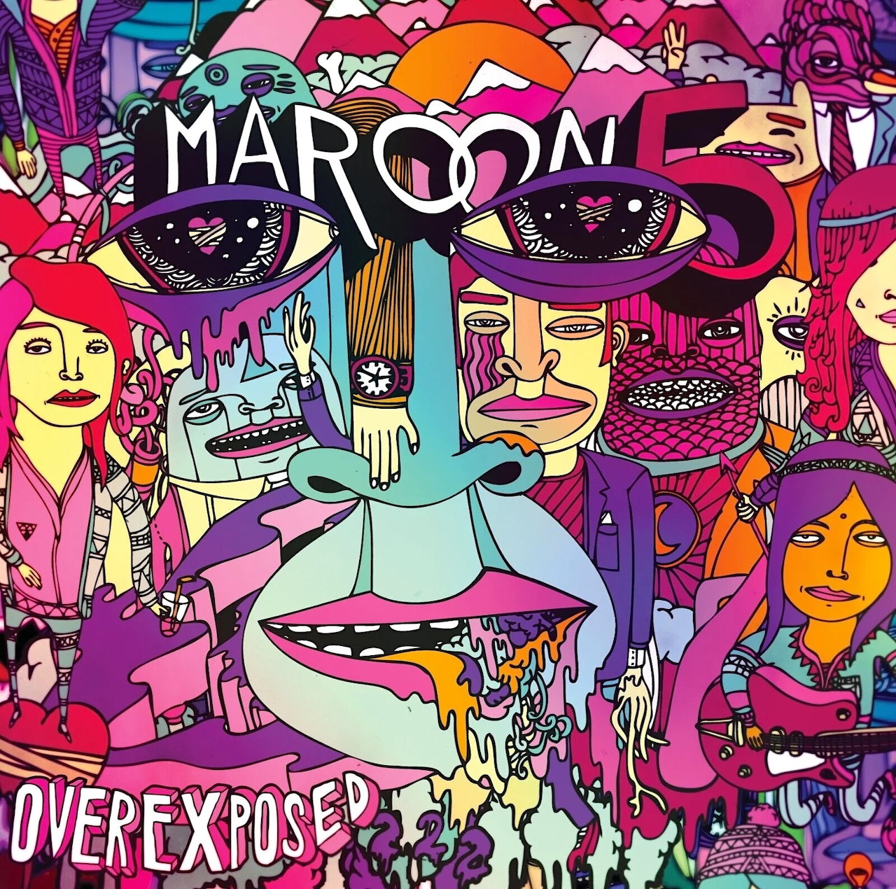 Colorful pop art collage with faces, patterns, and Maroon 5 Overexposed album branding in pink, blue, yellow, and purple