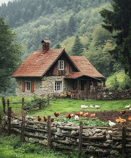 Stone cottage with red roof in forest clearing, chickens in foreground yard