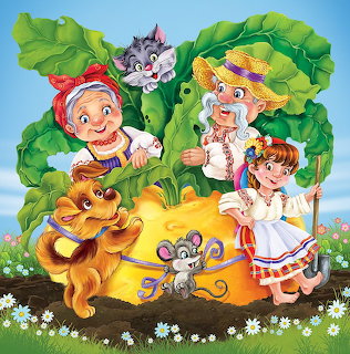 Cartoon characters pulling giant turnip with animals in garden