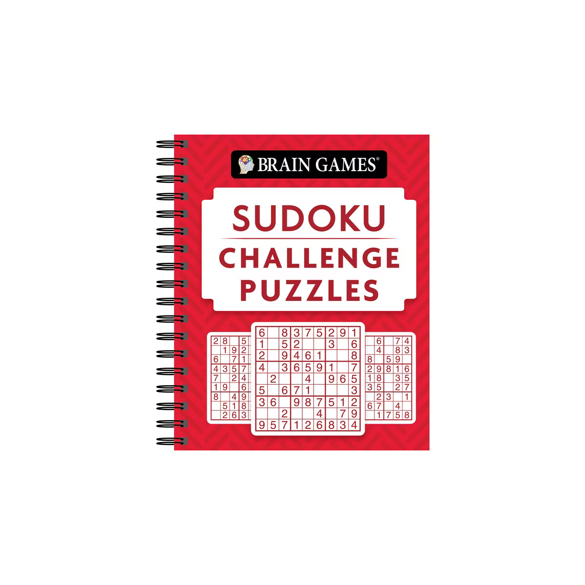 Red spiral-bound Brain Games Sudoku Challenge Puzzles book cover on a white background