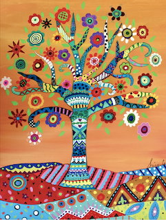 Decorative tree with patterned trunk, colorful flowers and birds on orange background