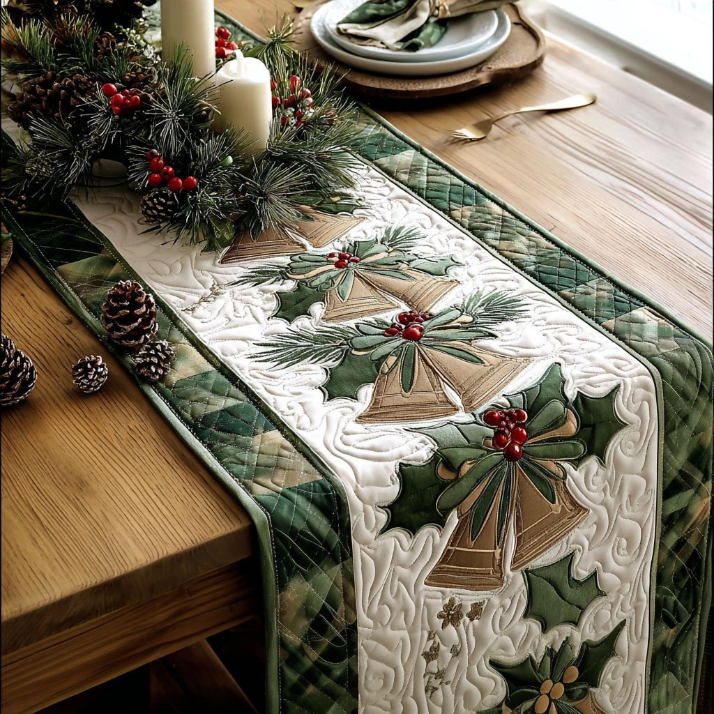 Christmas table with evergreen wreath, holiday runner with bells and pine, stacked plates and candles on wood surface