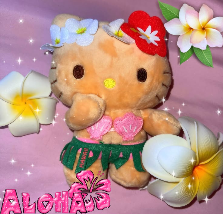 Hello Kitty plush with seashell top, green skirt, and tropical flowers on a pink background