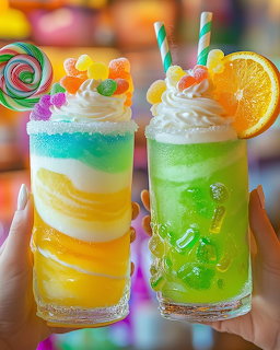 Two tall glasses with colorful layered drinks topped with whipped cream, candy, and orange slices