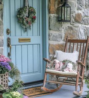 Wooden rocking chair with cushion on cottage porch next to turquoise door with wreath