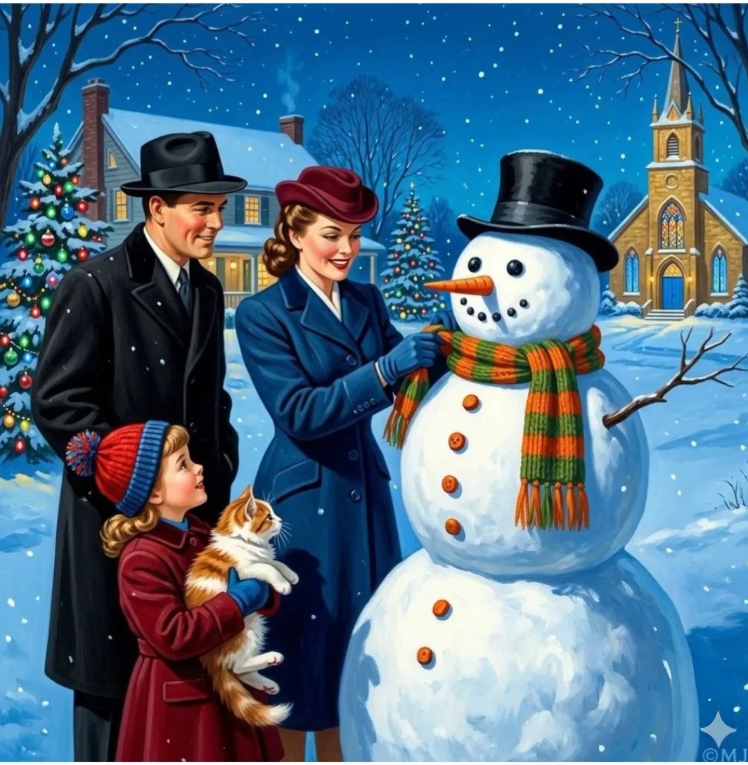 Victorian family with snowman in snowy night village scene with Christmas tree and church
