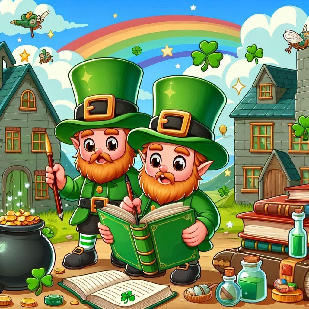 Two cartoon leprechauns with books near a rainbow, clovers, and pots of gold in a village