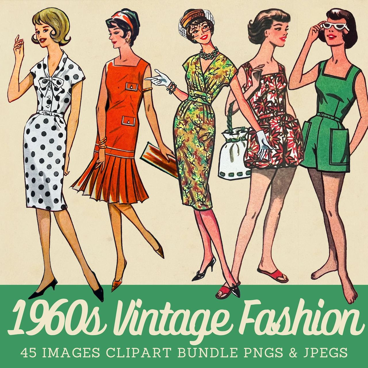 Illustration of five women in 1960s vintage outfits standing above retro fashion text
