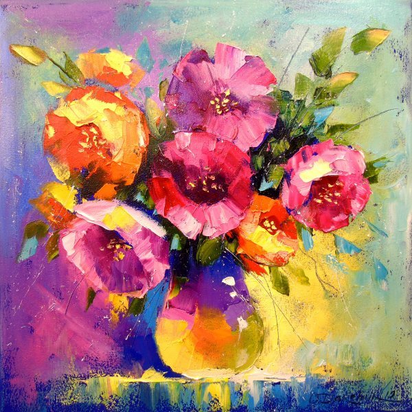 Colorful floral painting of pink, orange, and yellow flowers in a vase