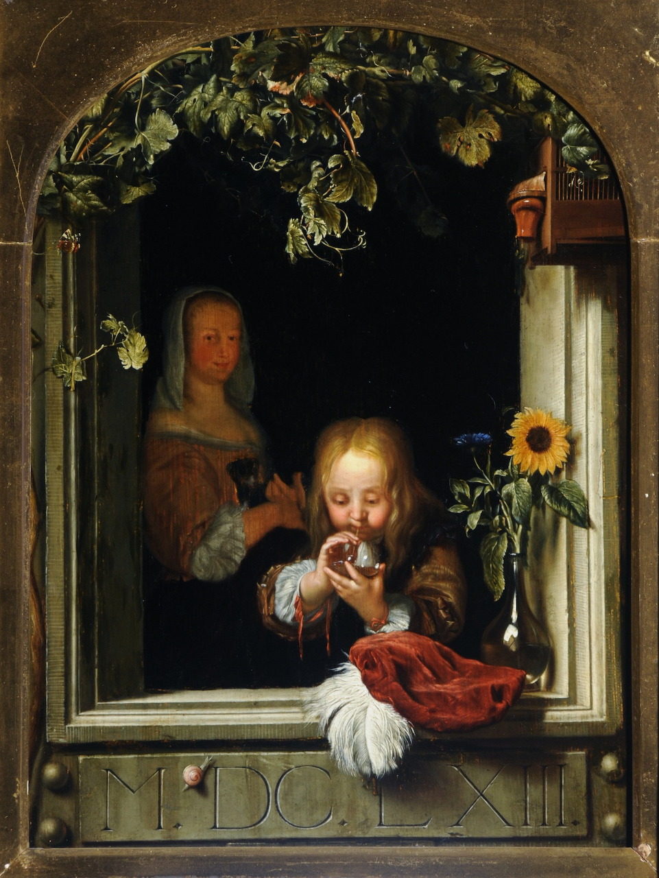 Classical painting of a boy blowing bubbles at a window with a woman behind him and a sunflower nearby