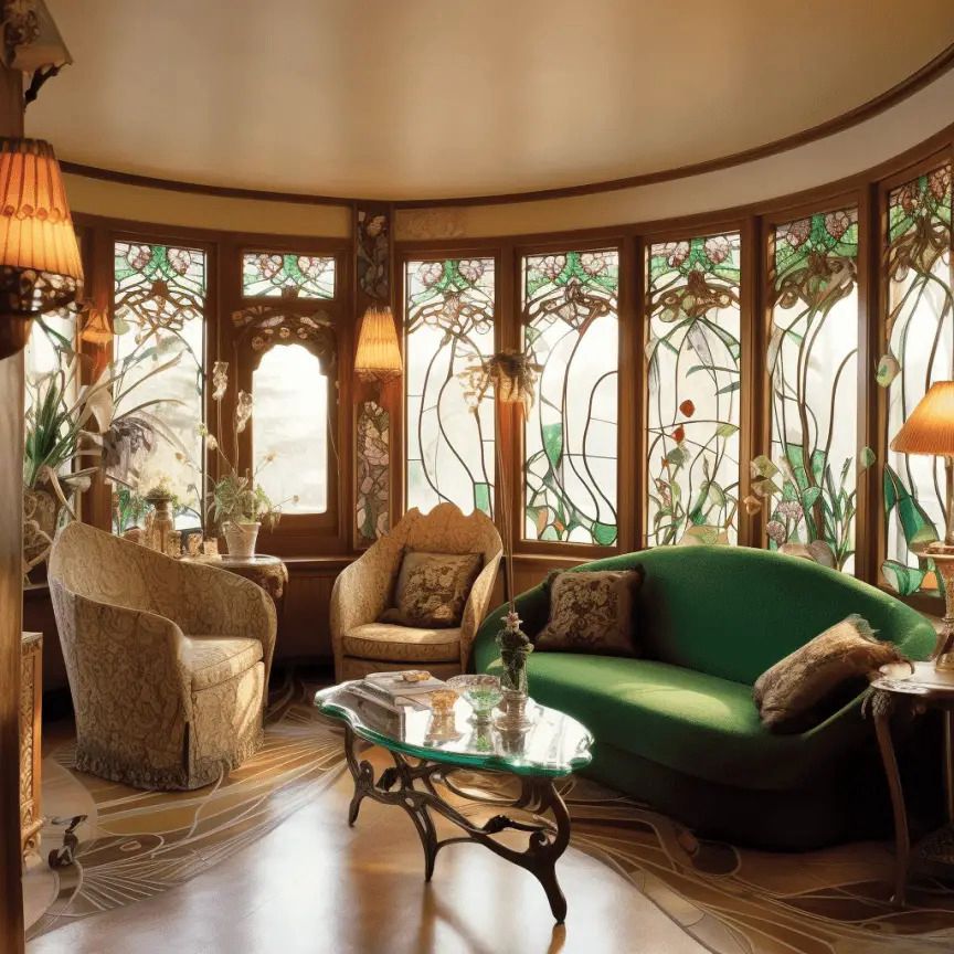 Elegant circular room with Art Nouveau stained glass windows and green velvet sofa