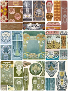 Grid of Art Nouveau decorative panels with floral patterns, ornamental borders, and vintage designs in various colors