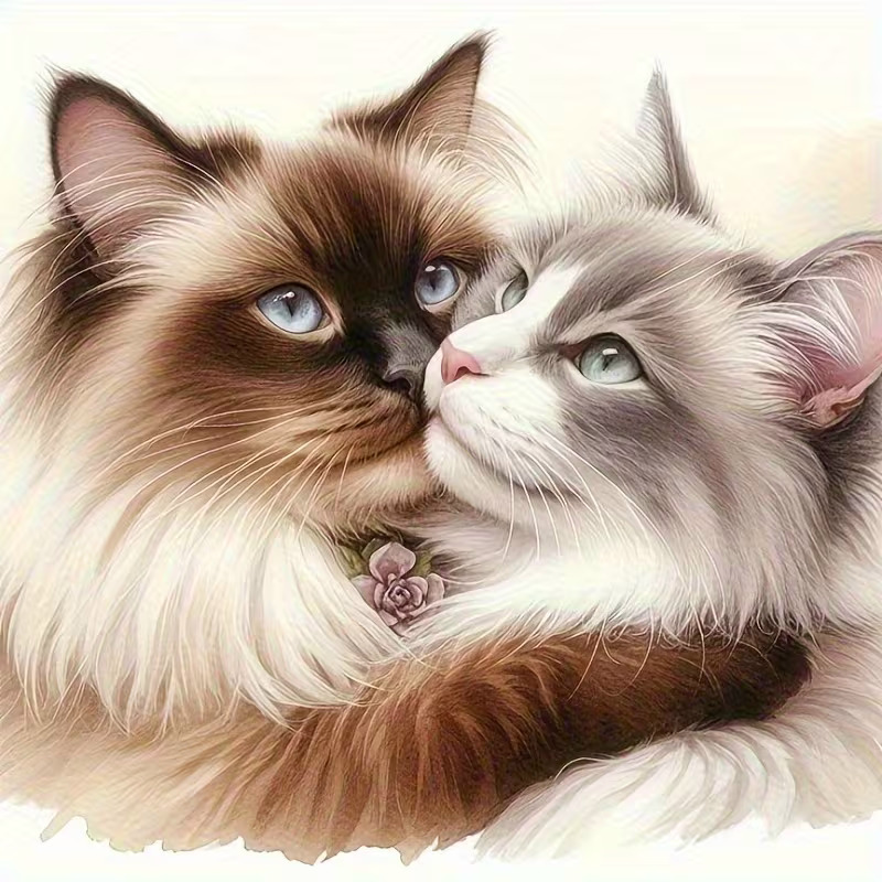 Illustration of two fluffy ragdoll cats cuddling, one cream and brown and one gray and white