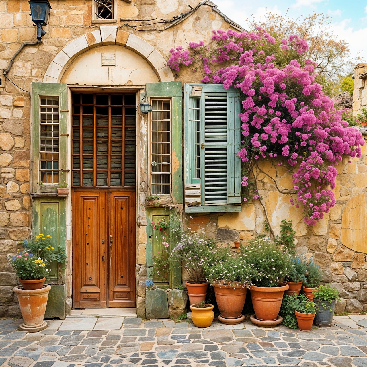 Stone cottage facade with wooden door, shutters, pink flowering vine and terracotta plant pots on cobblestone courtyard