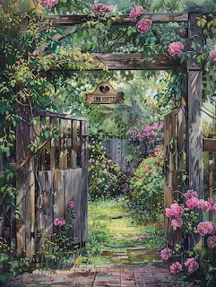 Painting of an old wooden garden gate with climbing pink roses and vines leading to a lush green garden