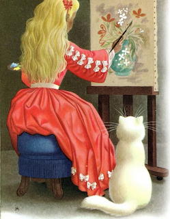 Illustration of a blonde girl in a red dress painting at an easel with a white cat sitting beside her