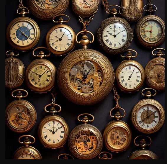 Close-up of multiple antique gold pocket watches arranged on a dark background