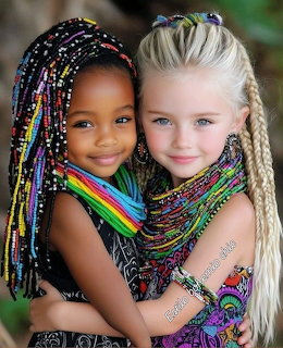Two young girls hugging, smiling, with colorful beaded braids and patterned outfits
