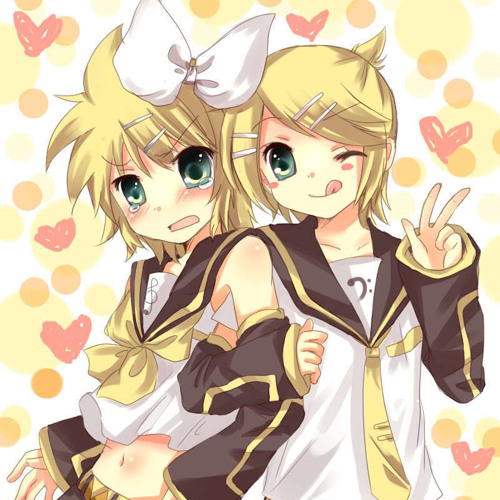Anime art of two blonde Vocaloid characters Rin and Len smiling with headphones and hearts in background