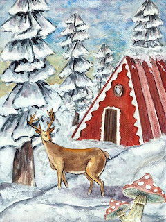 Watercolor painting of red cottage in snowy forest with deer standing in front