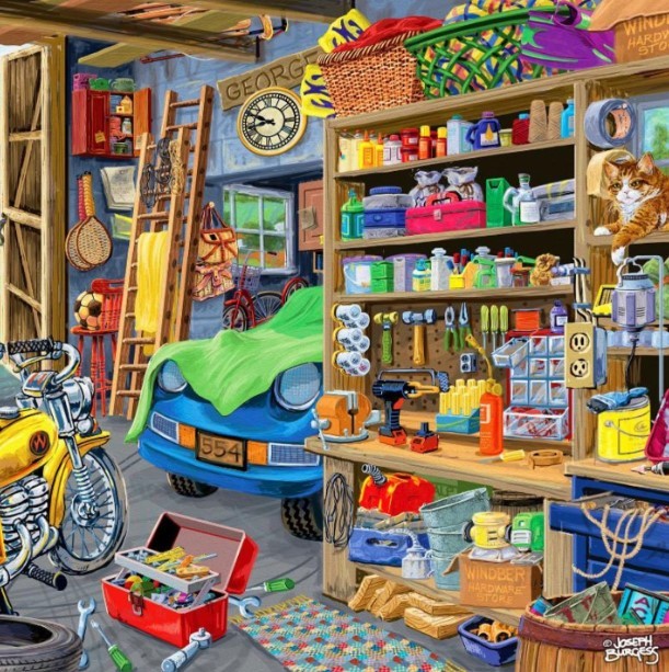 Detailed cartoon garage scene with blue car, shelves, tools and colorful objects everywhere