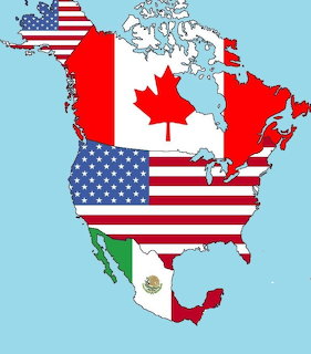 Map of North America showing USA, Canada, and Mexico filled with their respective national flags