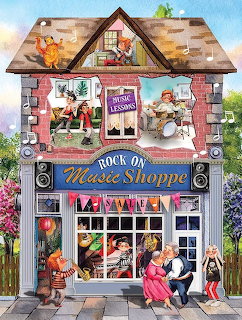 Whimsical illustrated music shop building with people and instruments outside