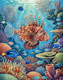 Striped lionfish in a colorful coral reef with tropical fish underwater