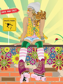Retro illustration of hippie girl with roller skates, yellow tank top, sunglasses, and colorful psychedelic flower patterns
