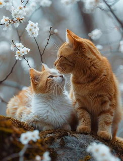 Two orange kittens touching noses affectionately on a branch with white blossoms