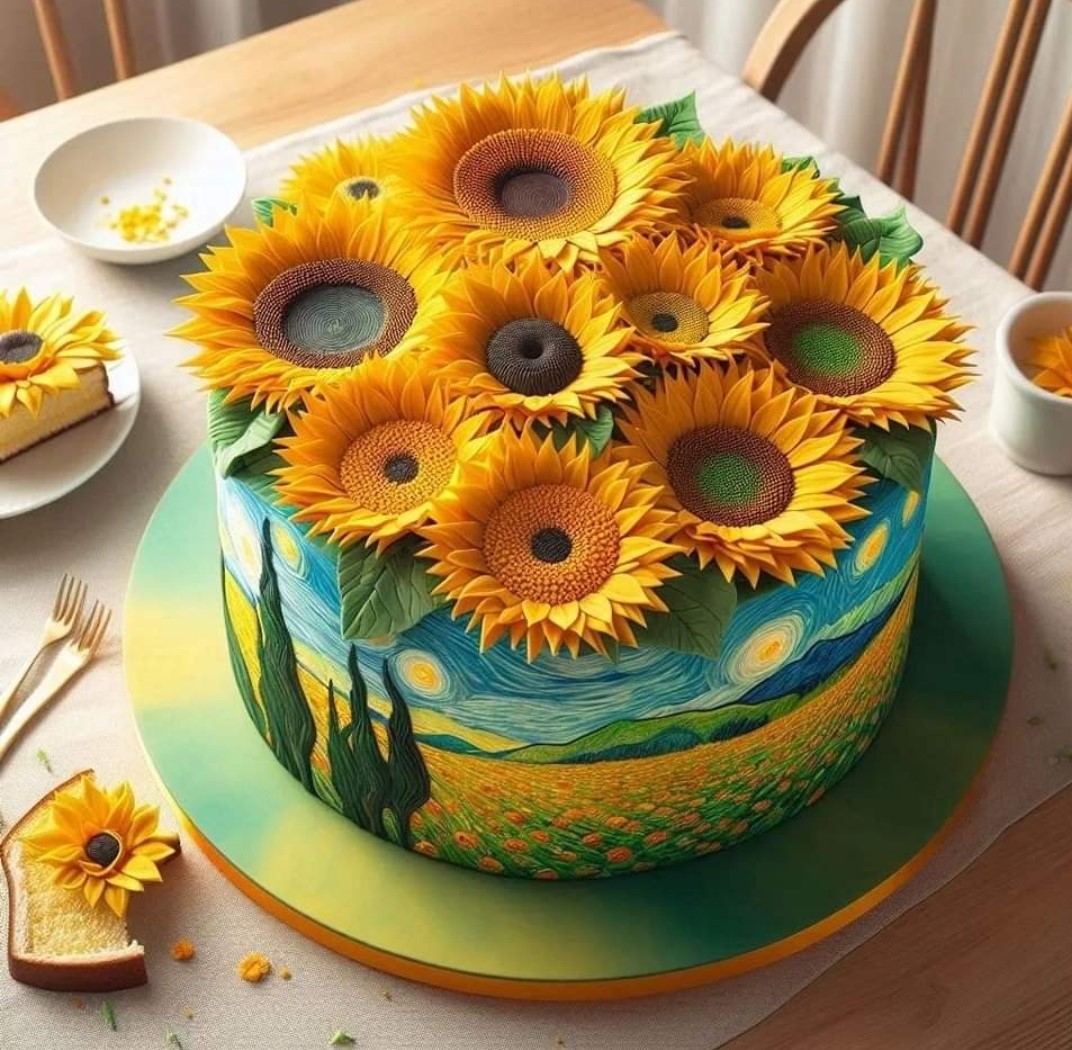 Round cake topped with sunflower decorations and a painted landscape design on the sides