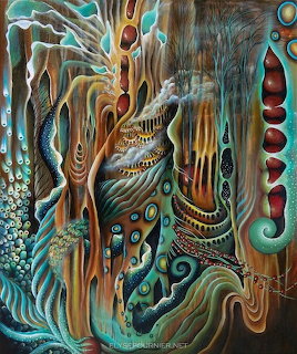 Colorful abstract surrealist painting with organic flowing forms in teal, orange, and red tones