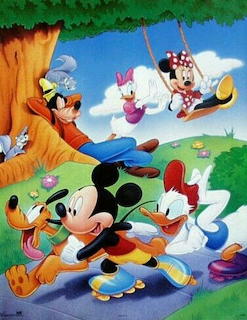 Disney characters Mickey Mouse, Minnie, Donald Duck, Daisy, Goofy and Pluto playing outside near a tree
