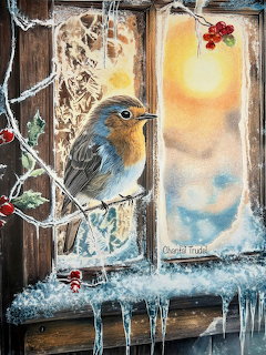 Robin perched on a frosty wooden window with snow, icicles, and red winter berries