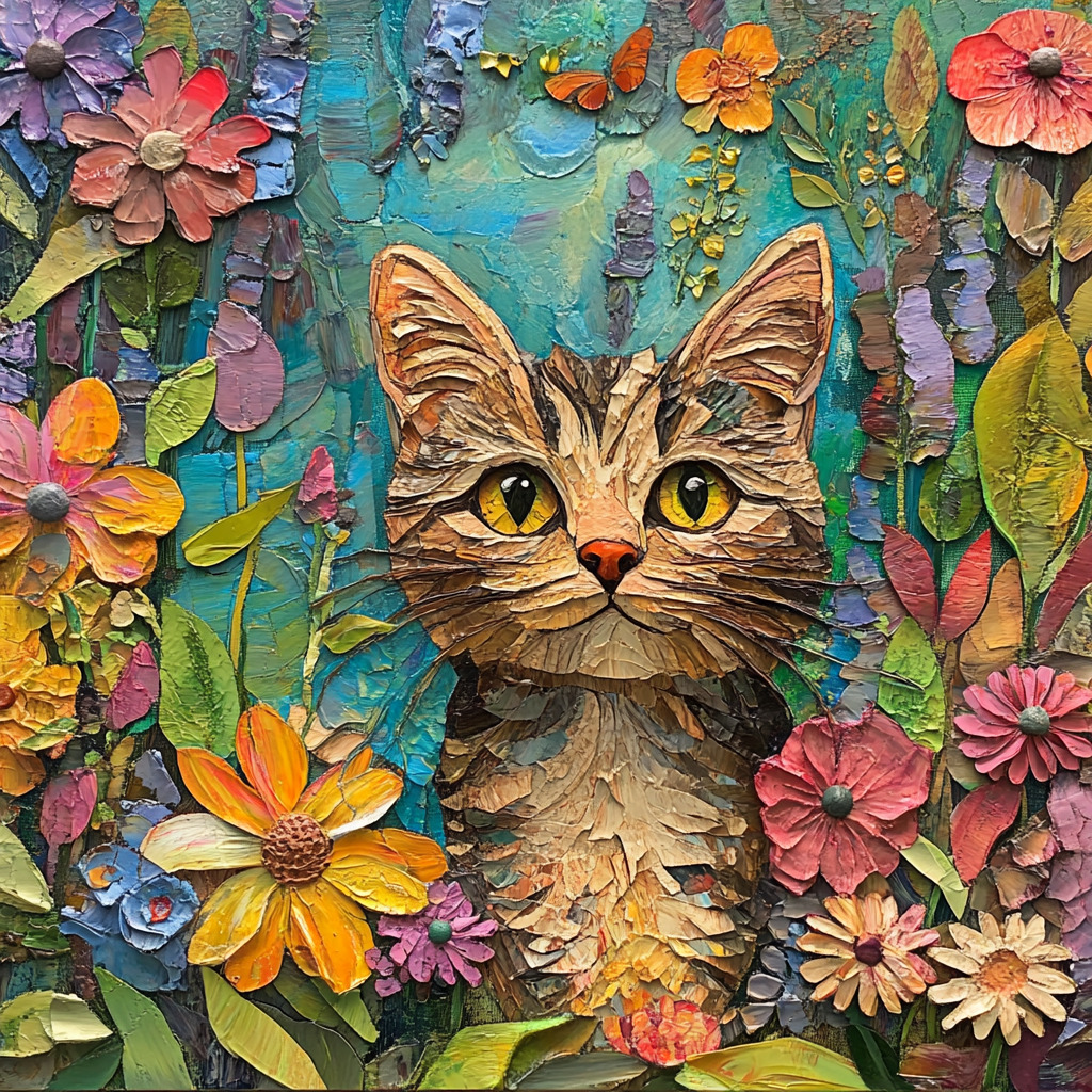 Tabby cat with yellow eyes surrounded by colorful flowers in textured art style